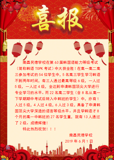南昌民德學校在第63屆韓國語能力考試中大獲全勝